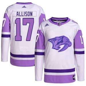 Wade Allison Men's Adidas Nashville Predators Authentic White/Purple Hockey Fights Cancer Primegreen Jersey