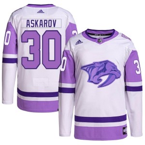 Yaroslav Askarov Men's Adidas Nashville Predators Authentic White/Purple Hockey Fights Cancer Primegreen Jersey