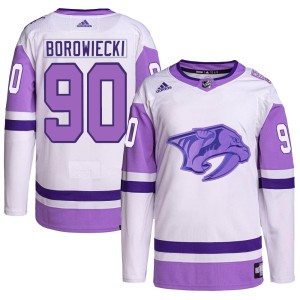 Mark Borowiecki Men's Adidas Nashville Predators Authentic White/Purple Hockey Fights Cancer Primegreen Jersey