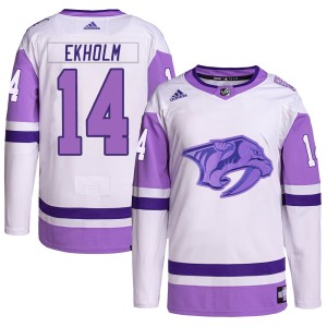 Mattias Ekholm Men's Adidas Nashville Predators Authentic White/Purple Hockey Fights Cancer Primegreen Jersey