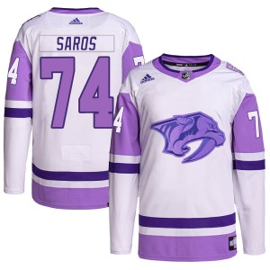 Juuse Saros Men's Adidas Nashville Predators Authentic White/Purple Hockey Fights Cancer Primegreen Jersey