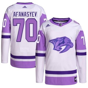 Egor Afanasyev Youth Adidas Nashville Predators Authentic White/Purple Hockey Fights Cancer Primegreen Jersey