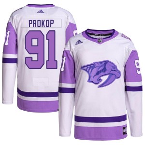 Luke Prokop Youth Adidas Nashville Predators Authentic White/Purple Hockey Fights Cancer Primegreen Jersey