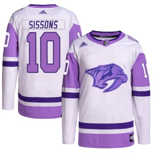 Colton Sissons Youth Adidas Nashville Predators Authentic White/Purple Hockey Fights Cancer Primegreen Jersey