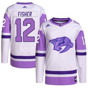 Mike Fisher Youth Adidas Nashville Predators Authentic White/Purple Hockey Fights Cancer Primegreen Jersey