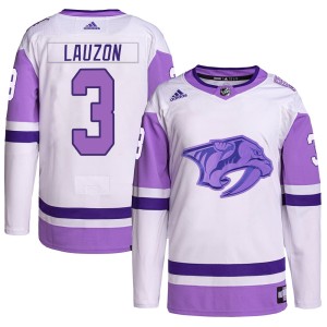 Jeremy Lauzon Youth Adidas Nashville Predators Authentic White/Purple Hockey Fights Cancer Primegreen Jersey