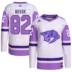 Tommy Novak Youth Adidas Nashville Predators Authentic White/Purple Hockey Fights Cancer Primegreen Jersey