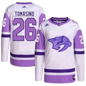Philip Tomasino Youth Adidas Nashville Predators Authentic White/Purple Hockey Fights Cancer Primegreen Jersey